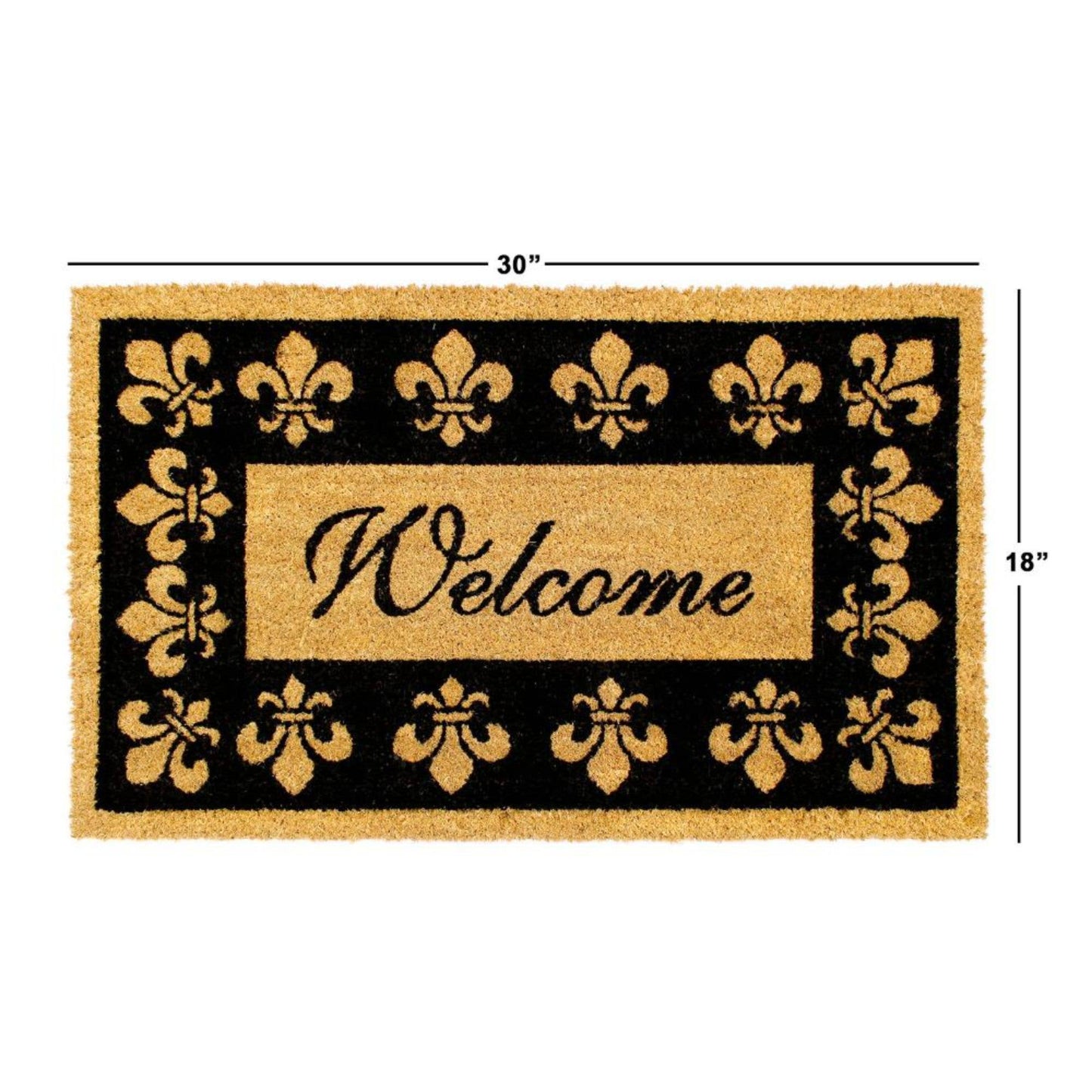 RugSmith Black Welcome Fleur De Les Coir Doormat, 18" x 30"