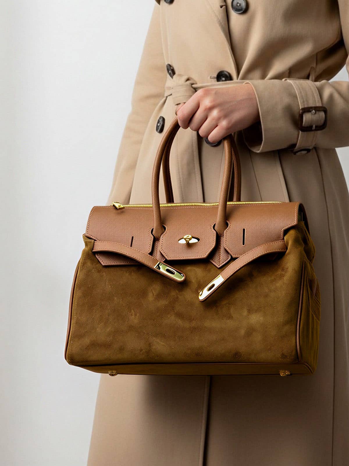 Suede and Genuine Leather Handbag - Camel