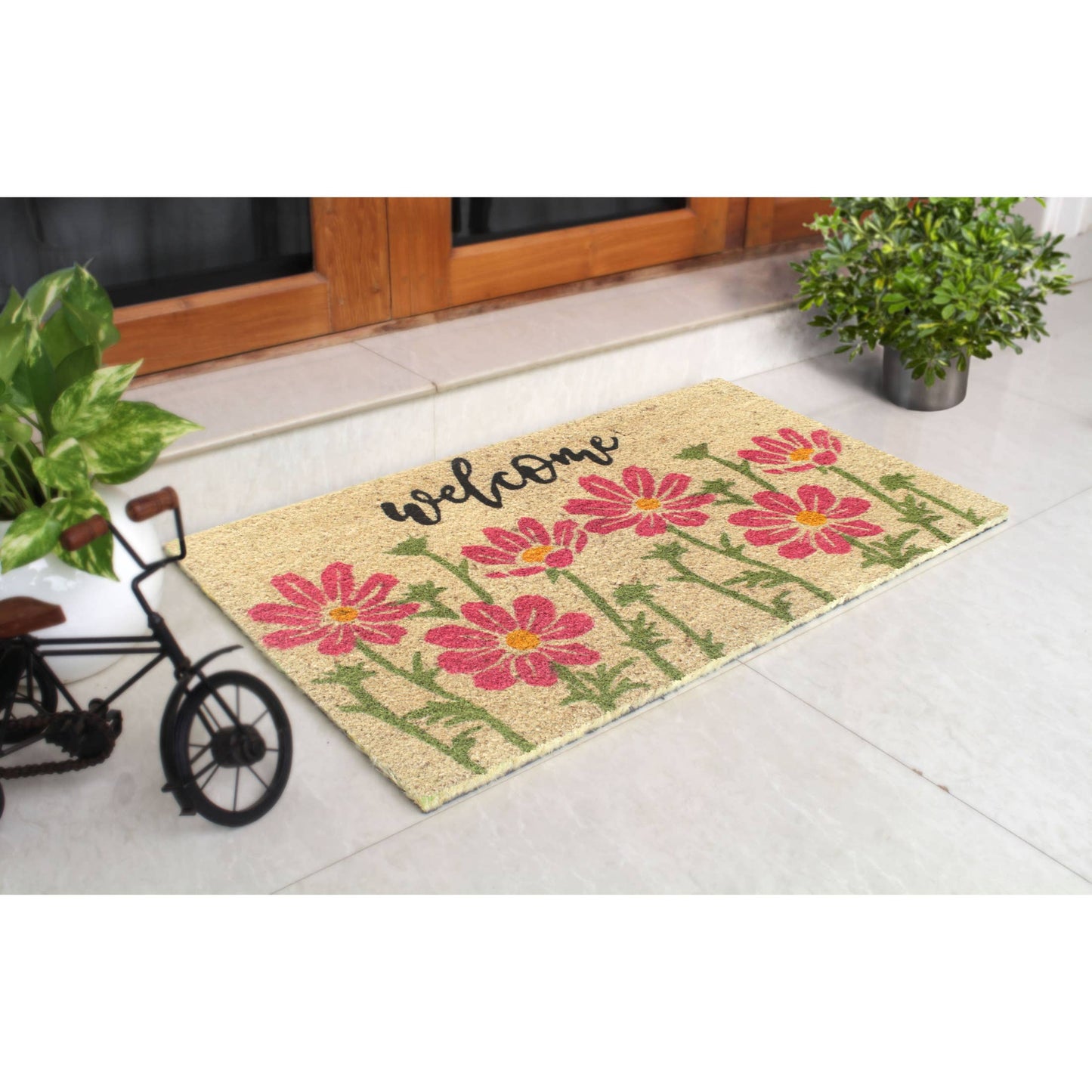 Welcome Pink Flowers Doormat: 18"x30"