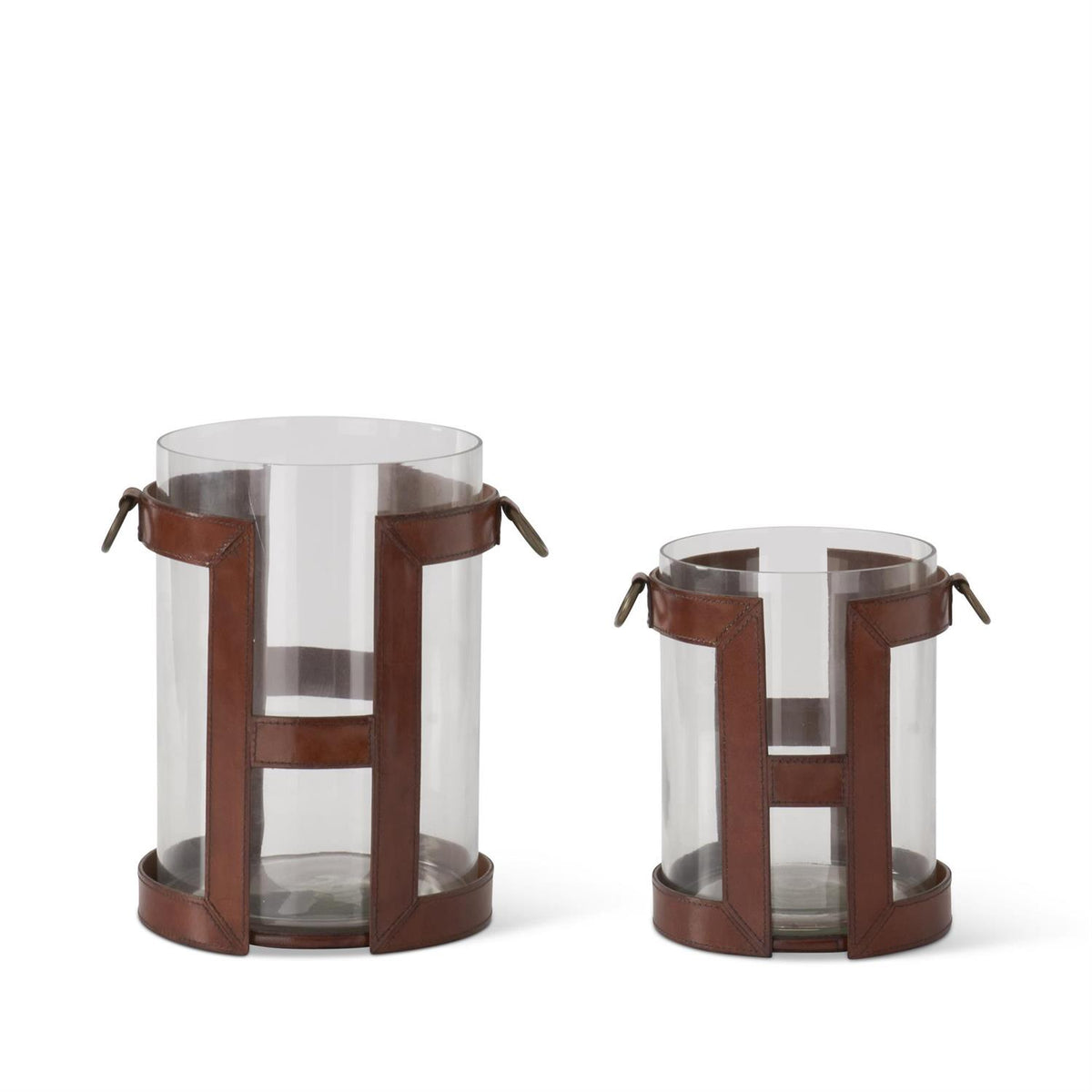 K & K Interiors Brown Leather Framed Glass Hurricanes