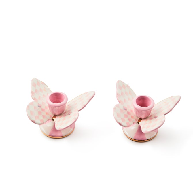 MacKenzie Childs Rosy Check Butterfly Candle Holders, Set of 2