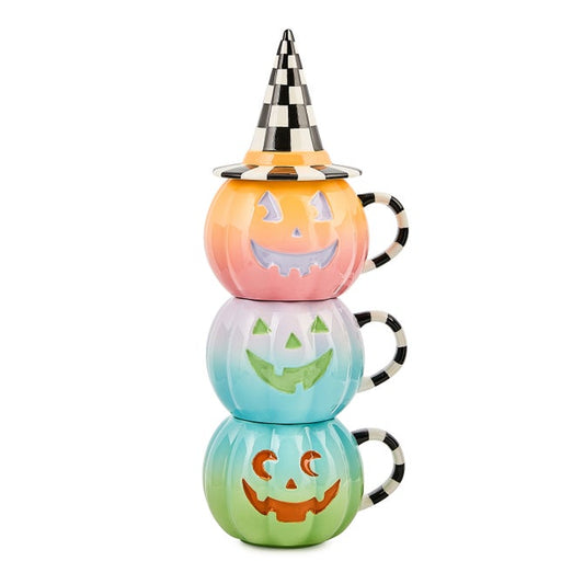 Trick or Treat Lidded Pumpkin Mug Tower, Set of 3