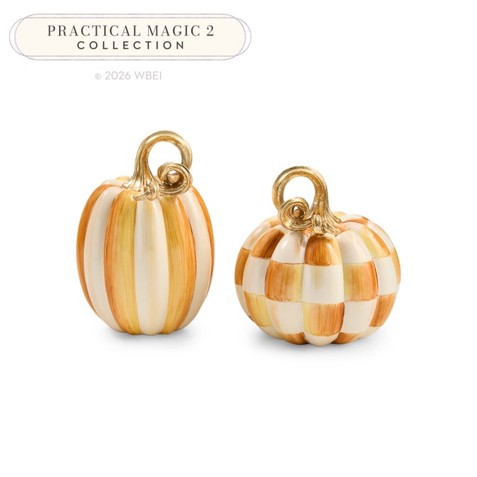Mackenzie Childs Amber Check and Stripe Petite Pumpkins, Set of 2