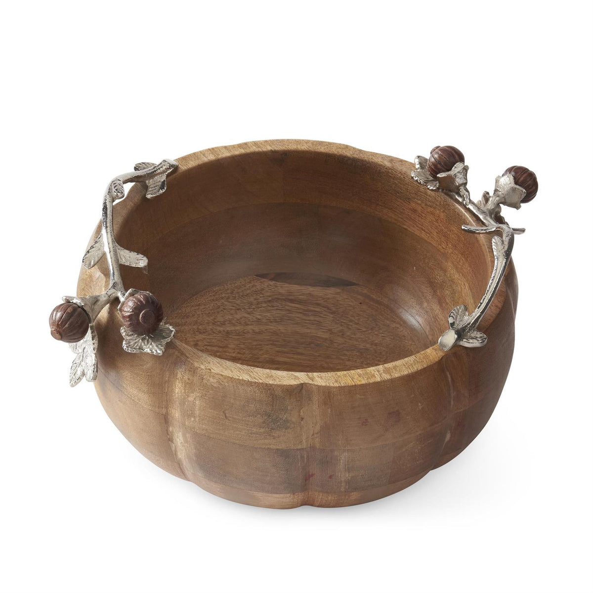 K & K Interiors 6 Inch Wood Pumpkin Bowl w/Silver Metal Handles