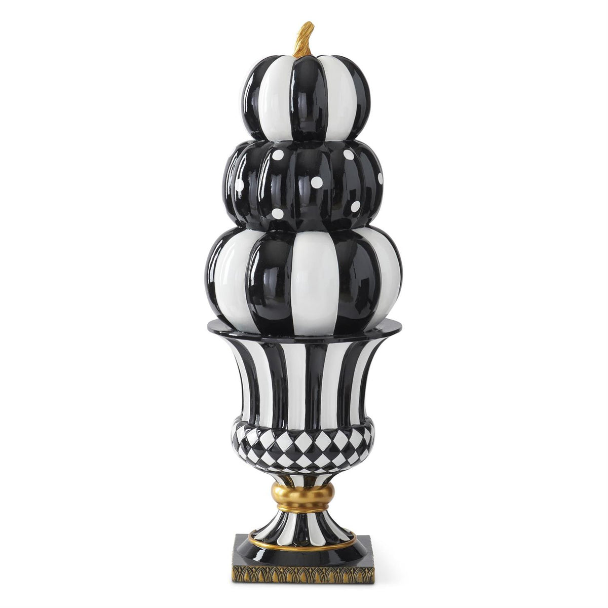 K & K Interiors 27 Inch Black & White Resin 3 Stack Pumpkins on Urn
