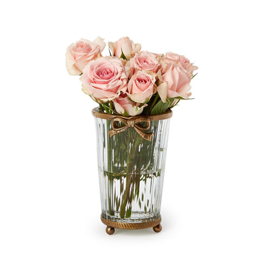 Antique Gold Finish Hand Cut Glass Vase with Bow Accent