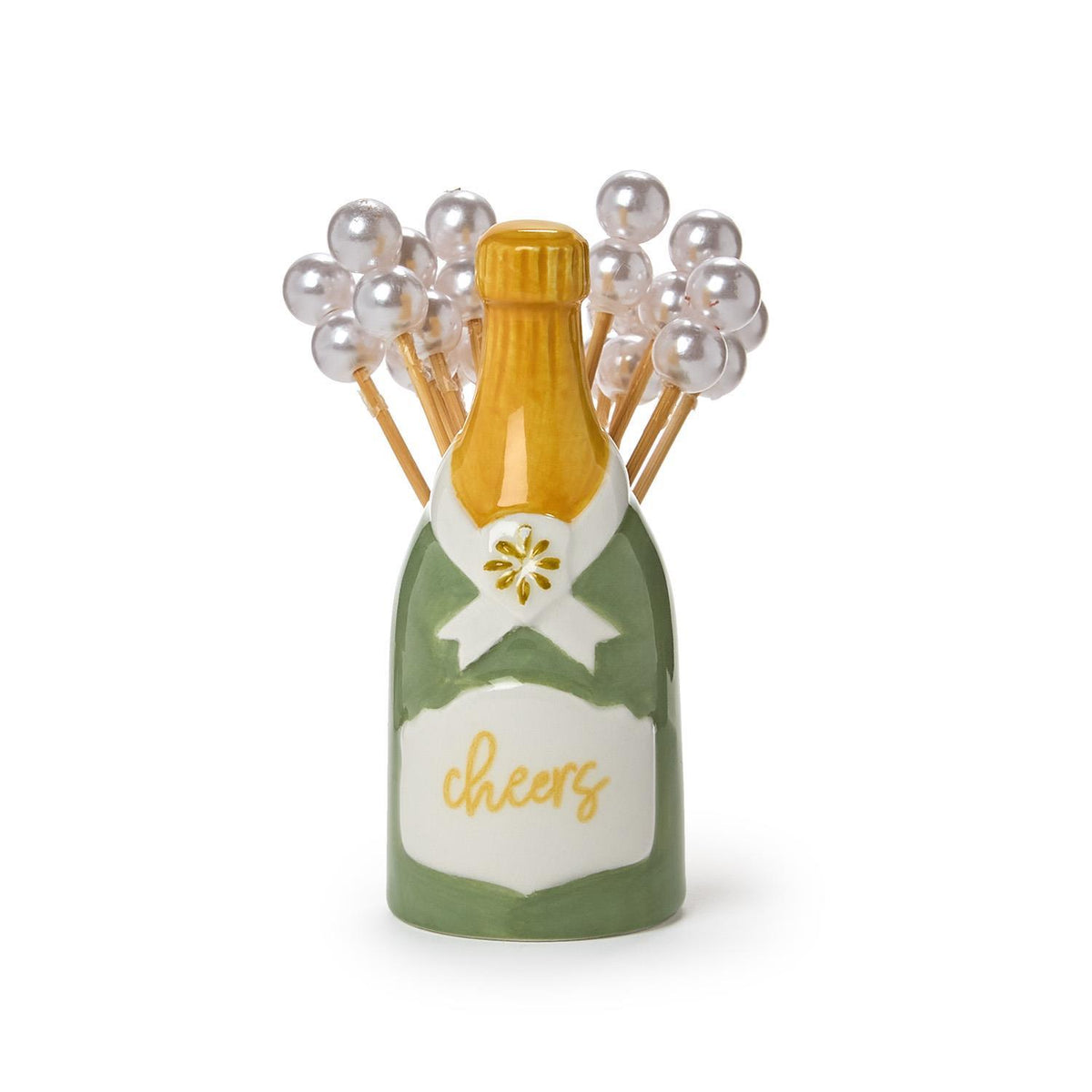 Two's Company Champagne Bottle Pick Holder with 20 Pearl Cocktail Picks