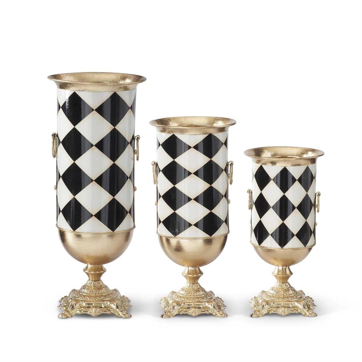 K & K Interiors Black & White w/Gold Harlequin Check Metal Urn - Small