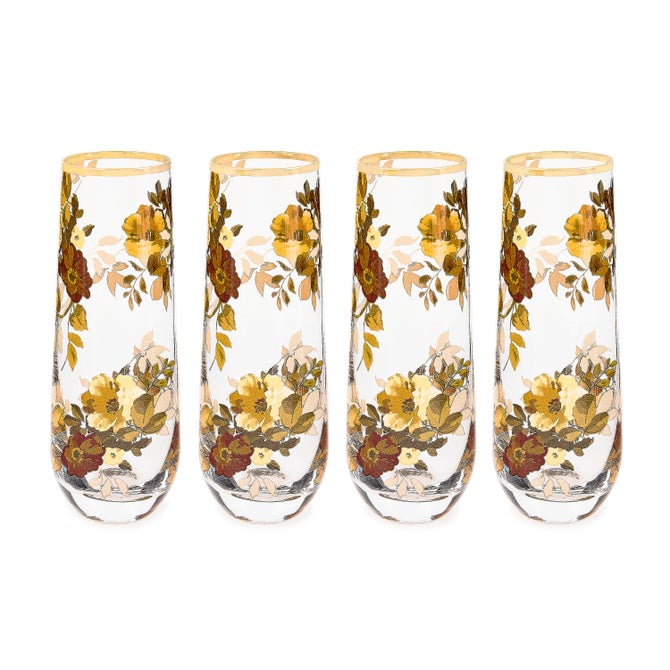 Mackenzie Childs Wild Rose Stemless Flute, Set of 4