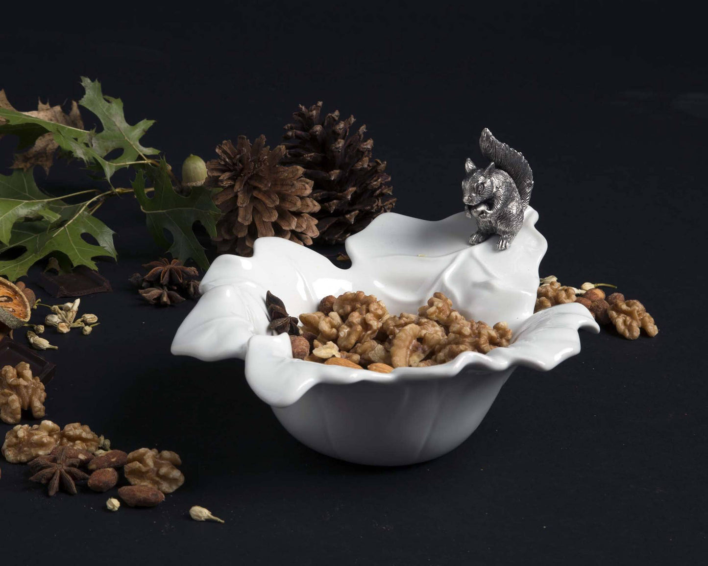 Fine Porcelain Leaf Bowl with Pewter Squirrel