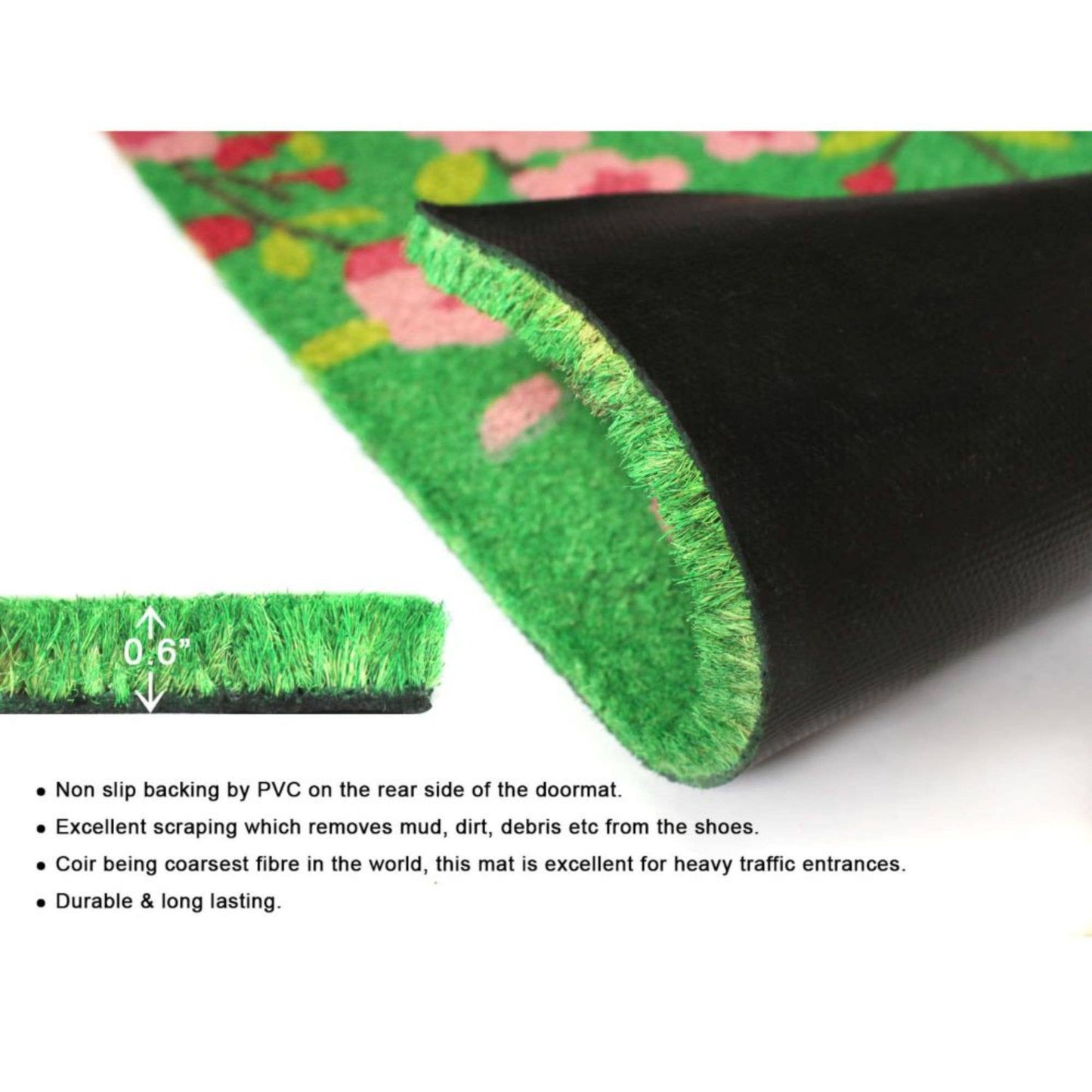 RugSmith Green Pink Floral Tree Coir Doormat, 18" x 30"