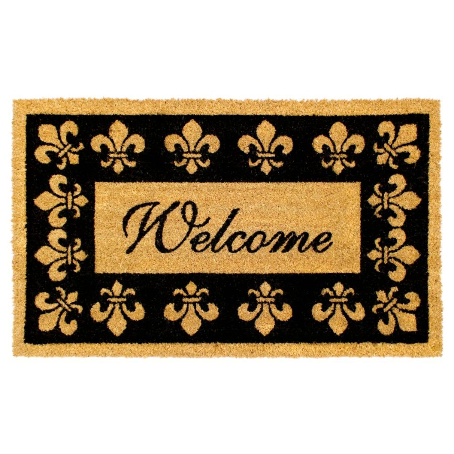 RugSmith Black Welcome Fleur De Les Coir Doormat, 18" x 30"