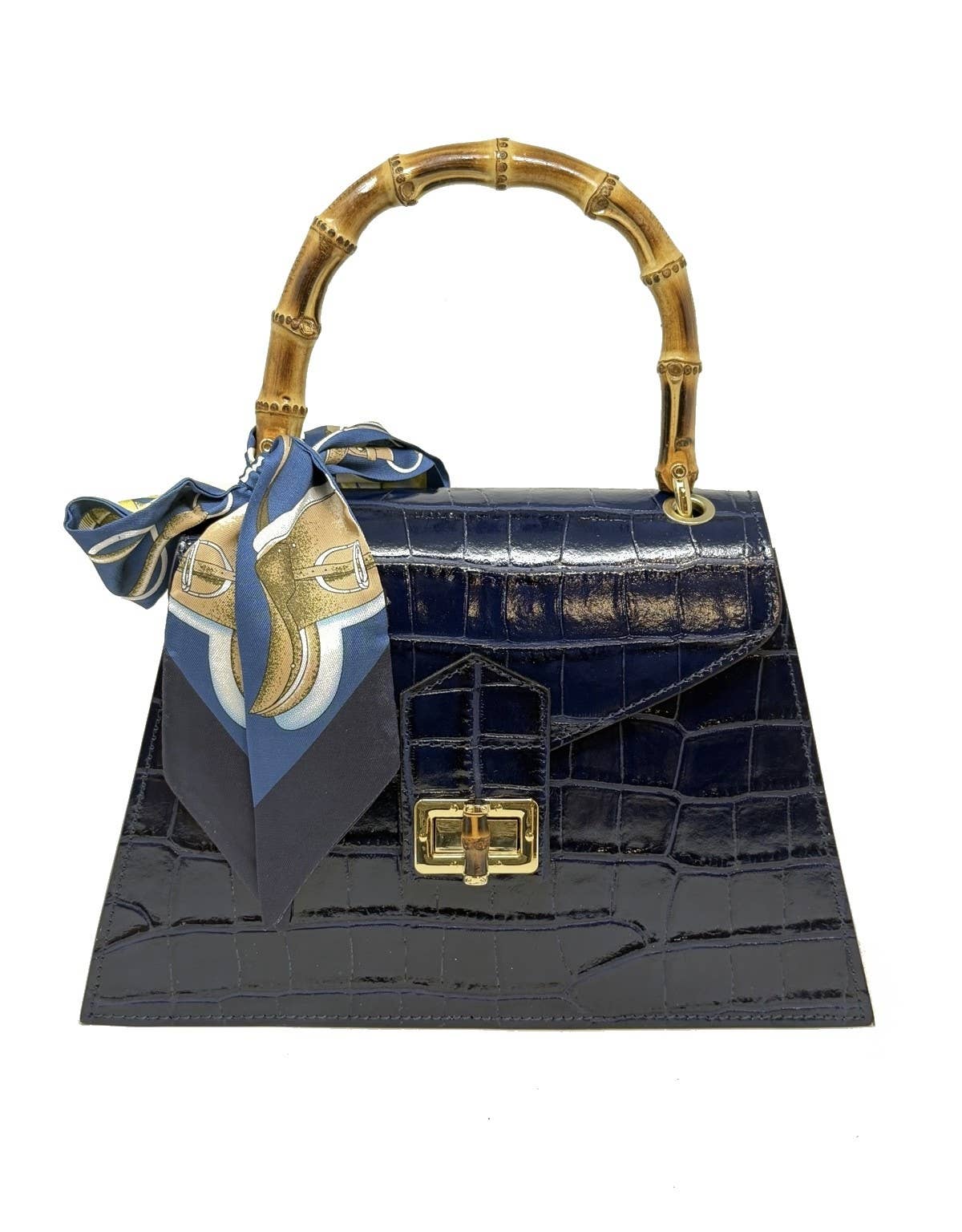 Italian Crocco Leather Bamboo Handle Bag - Mocha
