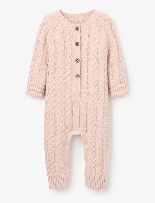 Pale Pink Horseshoe Cable Knit Baby Jumpsuit - 6-9 month