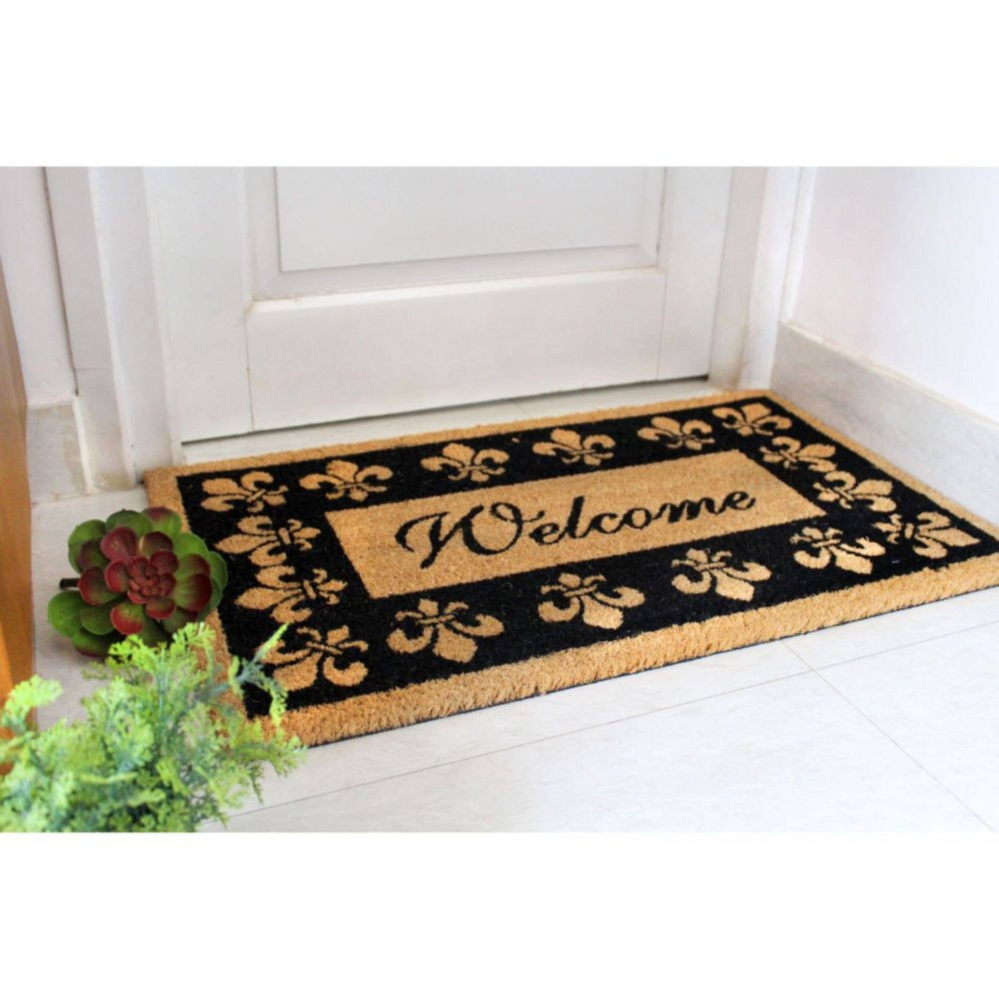 RugSmith Black Welcome Fleur De Les Coir Doormat, 18" x 30"