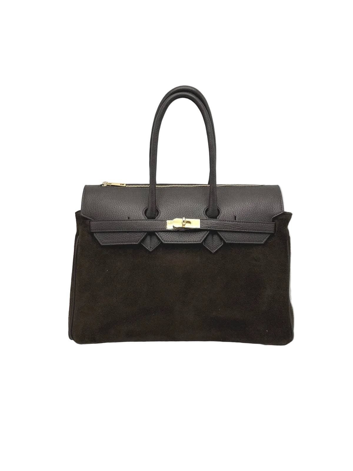 Suede and Genuine Leather Handbag - Dark Brown