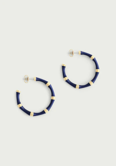 Bamboo Navy Blue Enameled Hoop Earrings