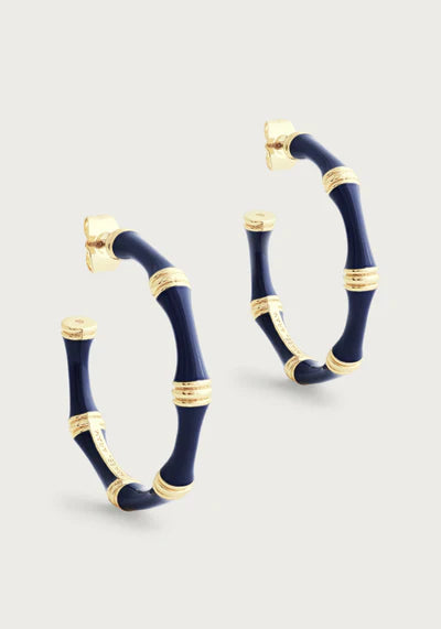 Bamboo Navy Blue Enameled Hoop Earrings
