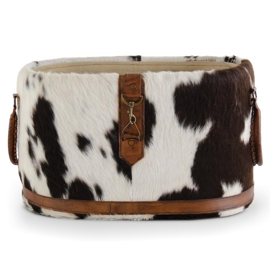 K & K Interiors 21.5 Inch Black & White Oval Cow Hide Basket