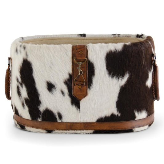 K & K Interiors 21.5 Inch Black & White Oval Cow Hide Basket