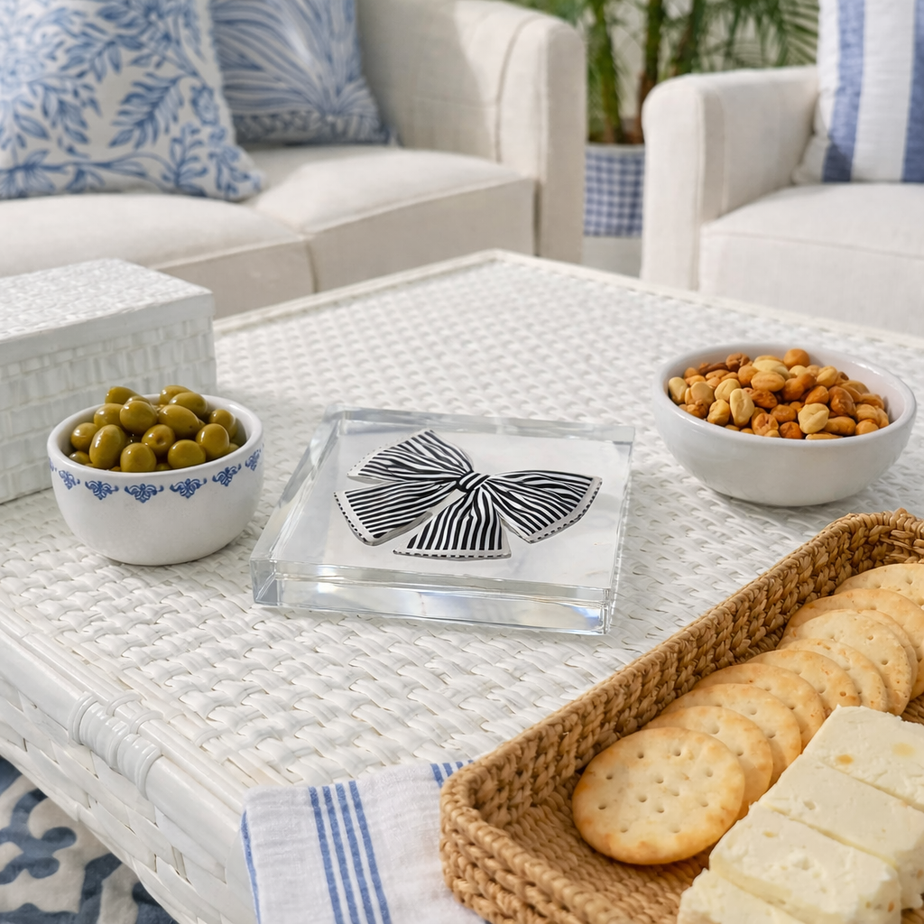 Maven Home Linen-Feel Cocktail Napkins, Black Bow