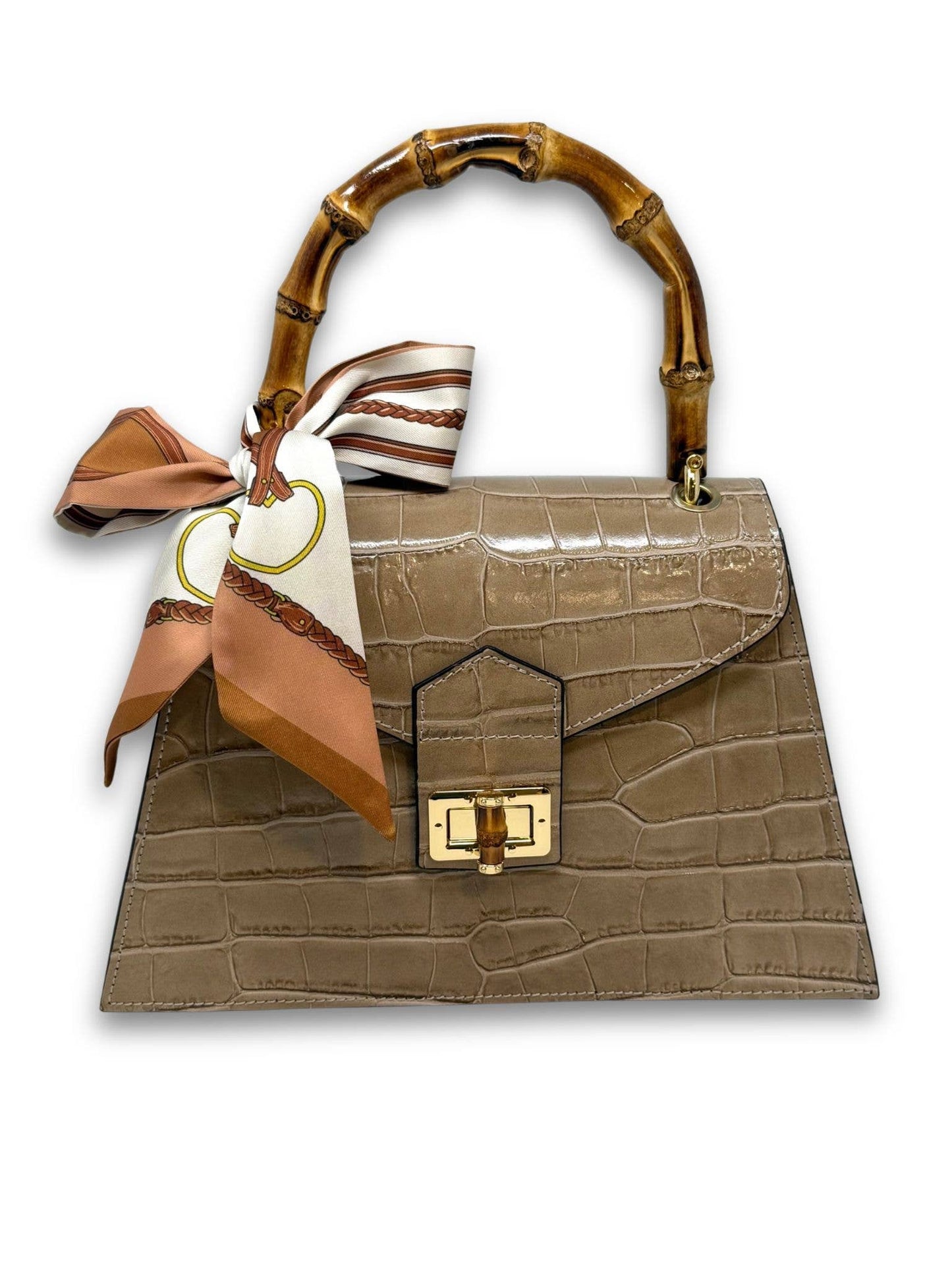 Italian Crocco Leather Bamboo Handle Bag - Mocha