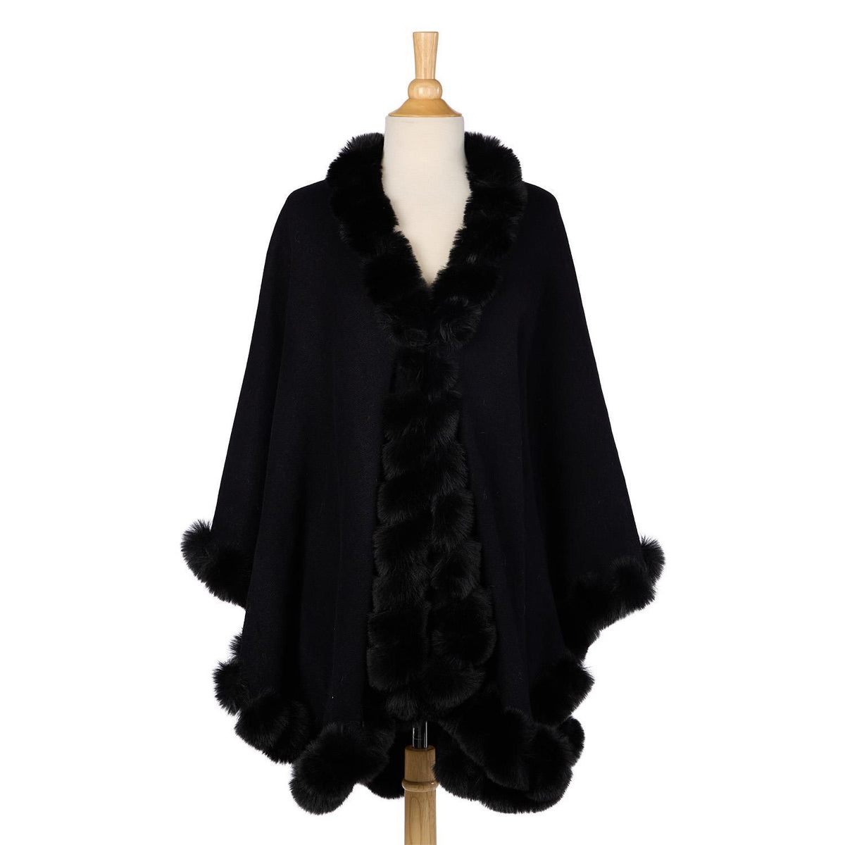 Two's Company Regal Wrap with Faux Fur Trim and Hook and Eye Closure in Black