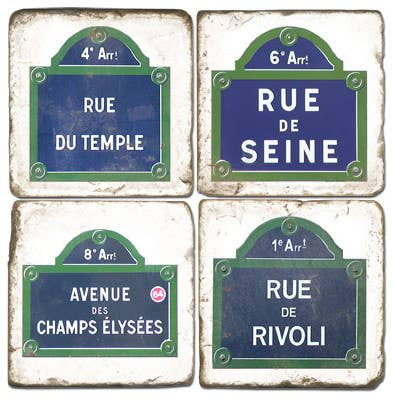 Paris Street Signs - Tumbled Marble Coasters Set/4