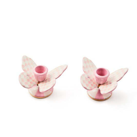 MacKenzie Childs Rosy Check Butterfly Candle Holders, Set of 2