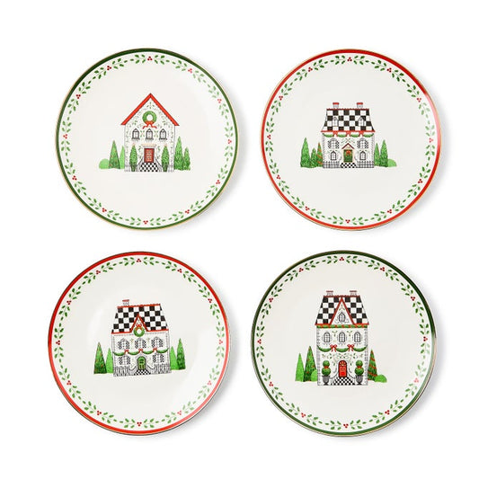 Holly Village Ceramic Dessert Plates, Set of 4