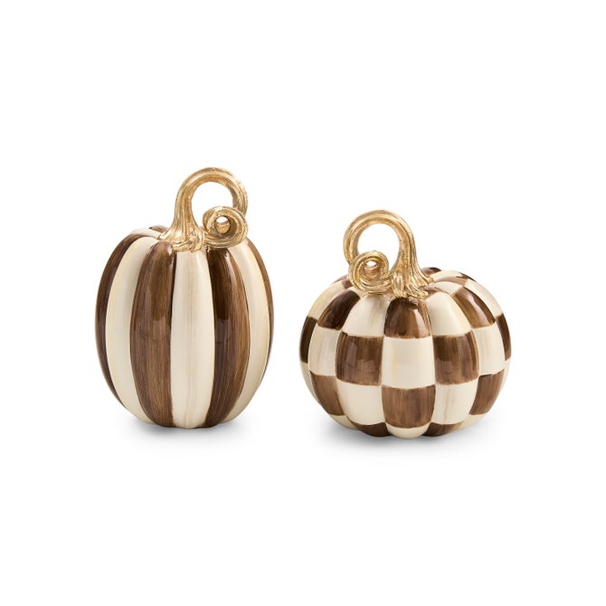 Mackenzie Childs Chocolate Check and Stripe Petite Pumpkins, Set of 2