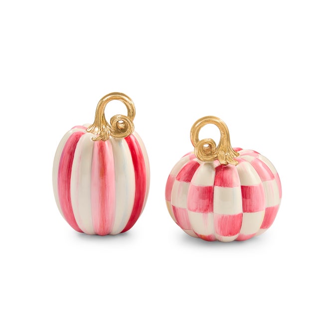 Mackenzie Childs Bubblegum Pink Check and Stripe Petite Pumpkins, Set of 2