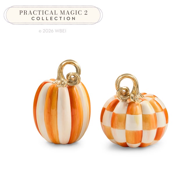 Mackenzie Childs Orange Check and Stripe Petite Pumpkins, Set of 2