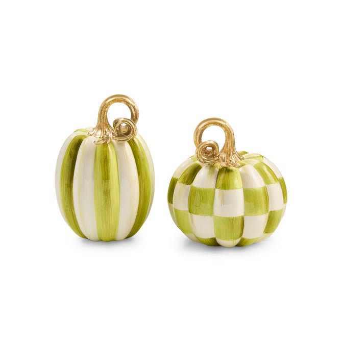 Mackenzie Childs Moss Check and Stripe Petite Pumpkins, Set of 2