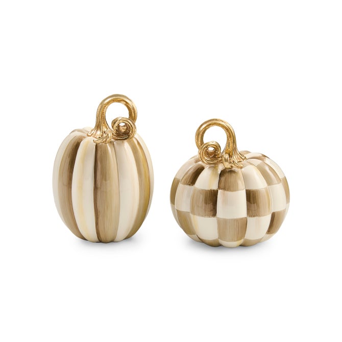 Mackenzie Childs Mocha Check and Stripe Petite Pumpkins, Set of 2
