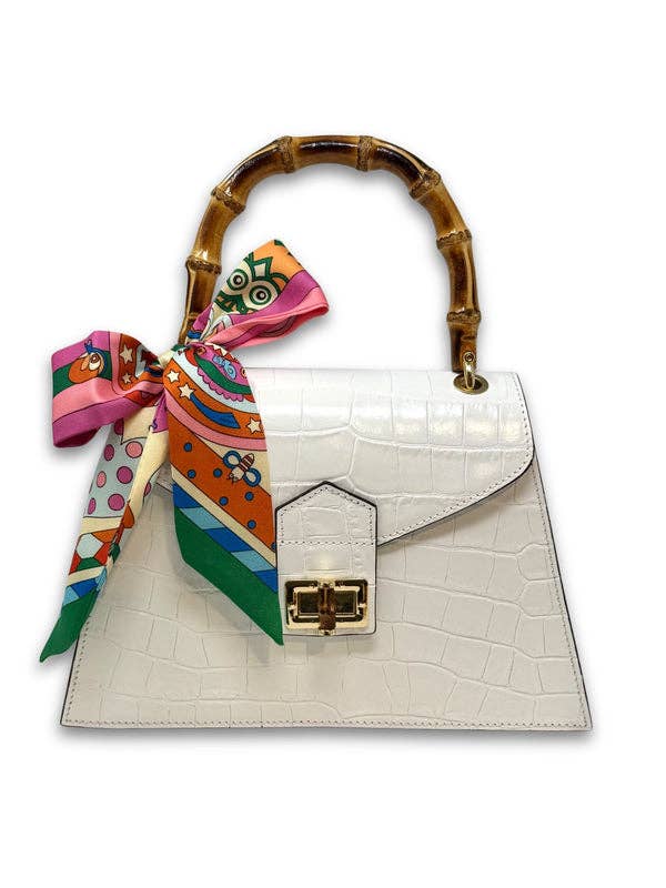 Italian Crocco Leather Bamboo Handle Bag - Mocha