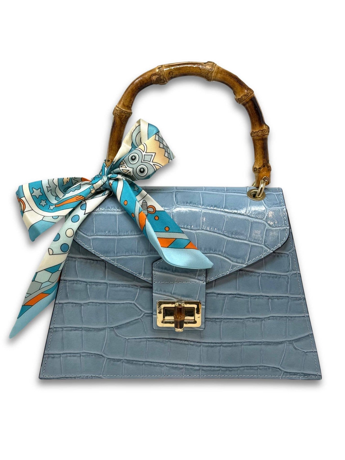 Italian Crocco Leather Bamboo Handle Bag - Mocha