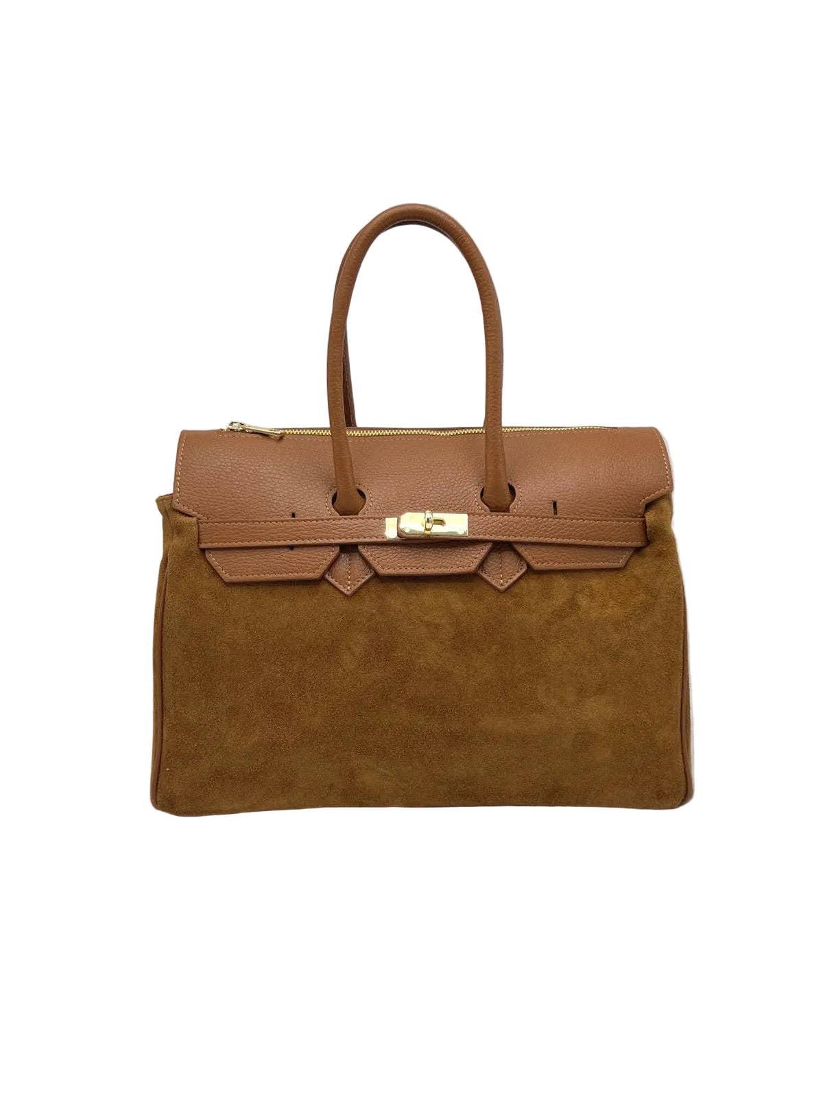 Suede and Genuine Leather Handbag - Camel