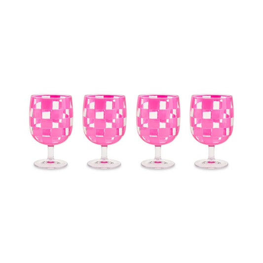Mackenzie-Childs Pink Check Acrylic Water Goblets, Set of 4