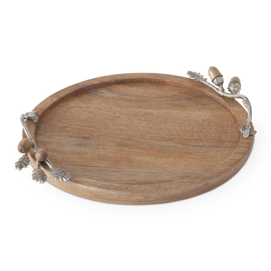 K & K Interiors 15.5 Inch Round Wood Tray w/Silver Metal Handles