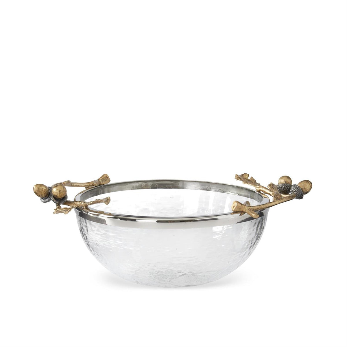 K & K Interiors 14.5 Inch Gold Acorn Handle Glass Serving Bowl