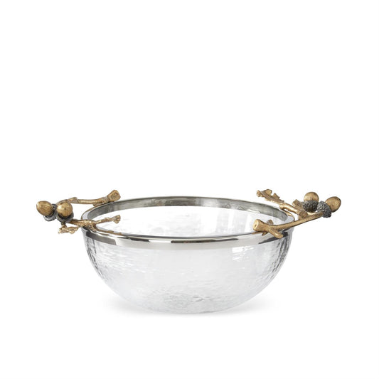 K & K Interiors 14.5 Inch Gold Acorn Handle Glass Serving Bowl