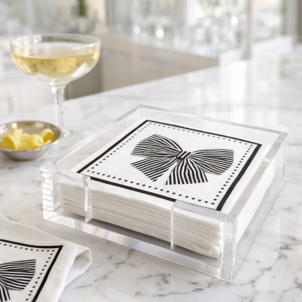 Maven Home Linen-Feel Cocktail Napkins, Black Bow