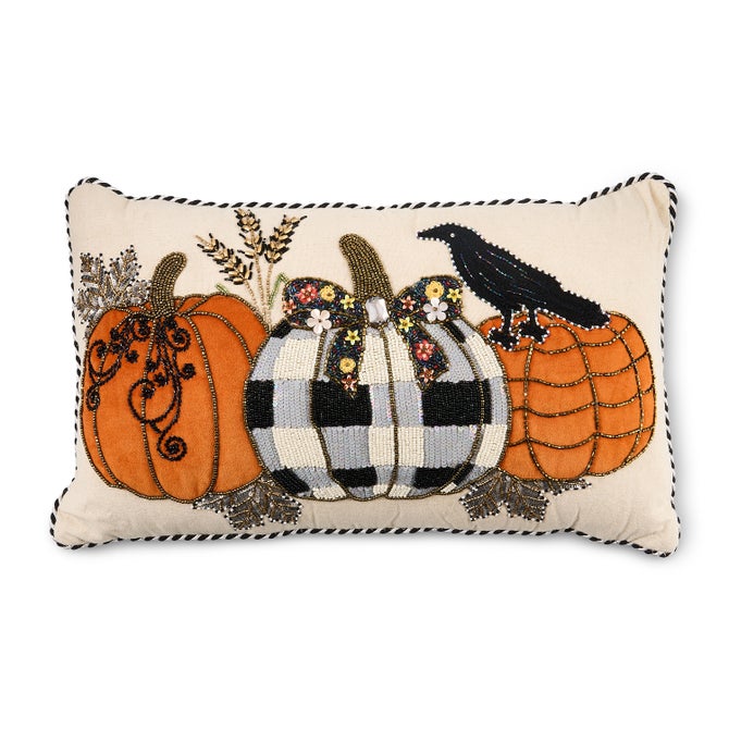 MacKenzie Childs Pumpkin and Crow Lumbar Throw Pillow