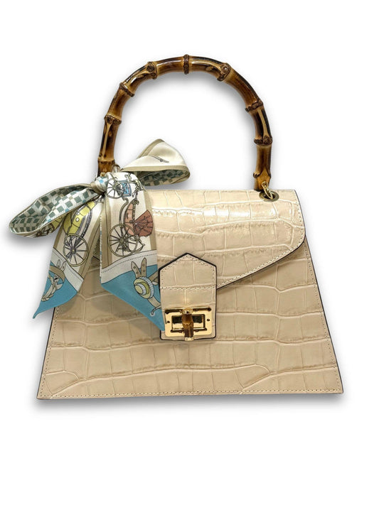 Italian Crocco Leather Bamboo Handle Bag - Ivory
