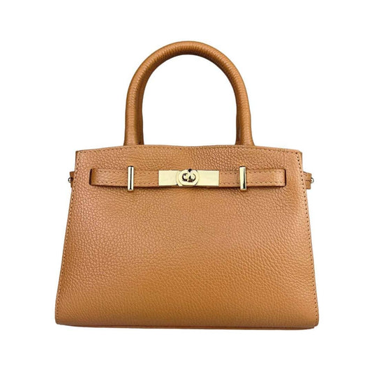 Italian Leather Top Handle Bag w/ Lock - Camel
