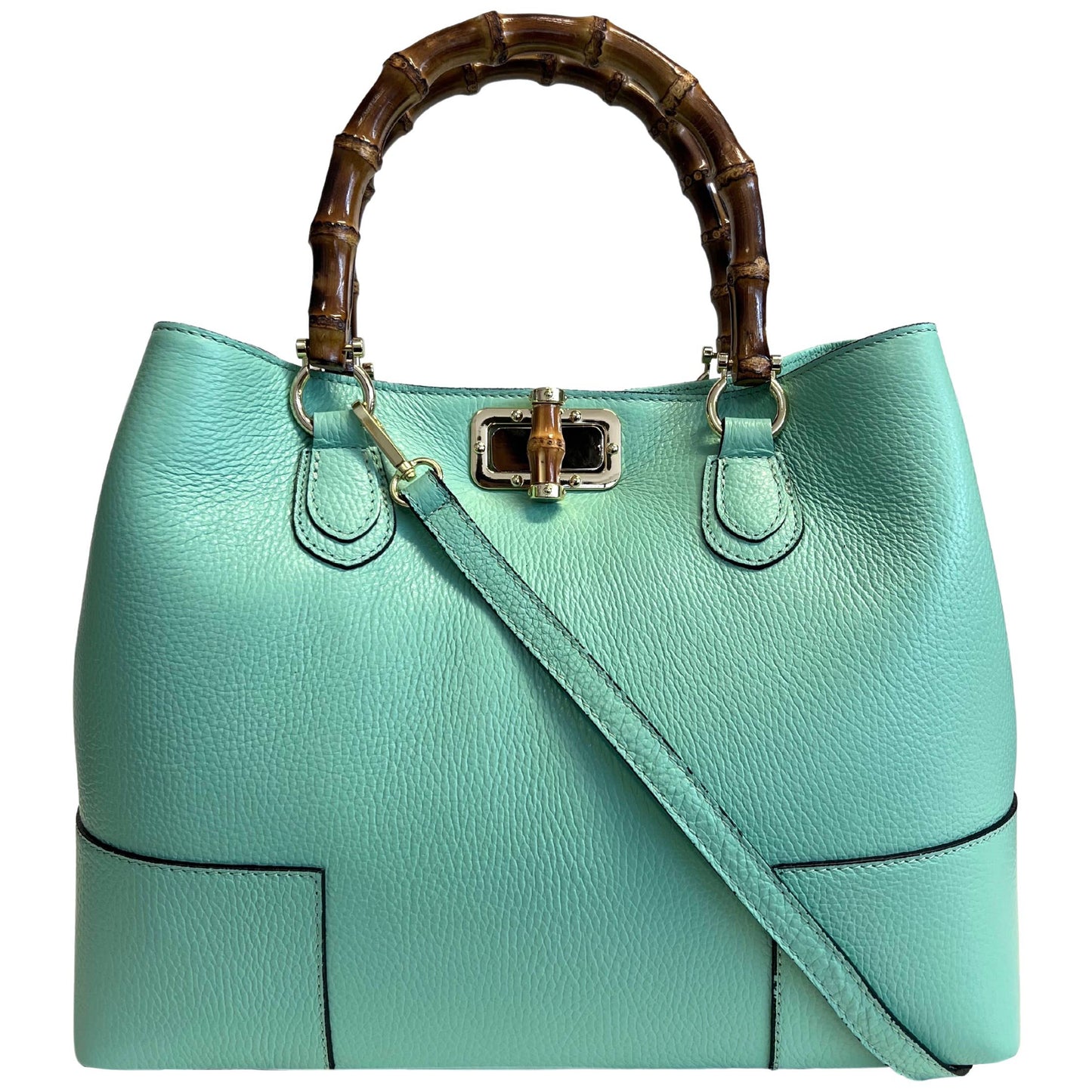 Modarno Women's Bag in Genuine Leather with Real Bamboo Hand: Emerald Green