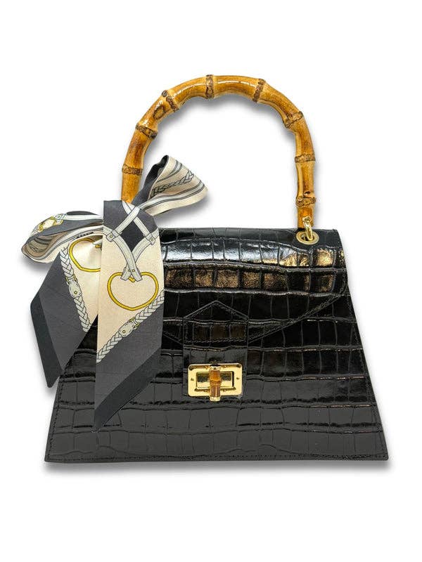 Italian Crocco Leather Bamboo Handle Bag - Mocha