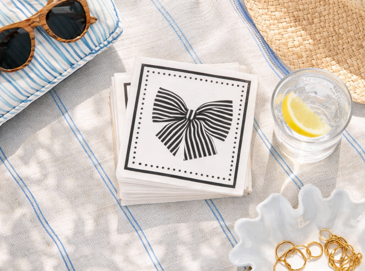 Maven Home Linen-Feel Cocktail Napkins, Black Bow
