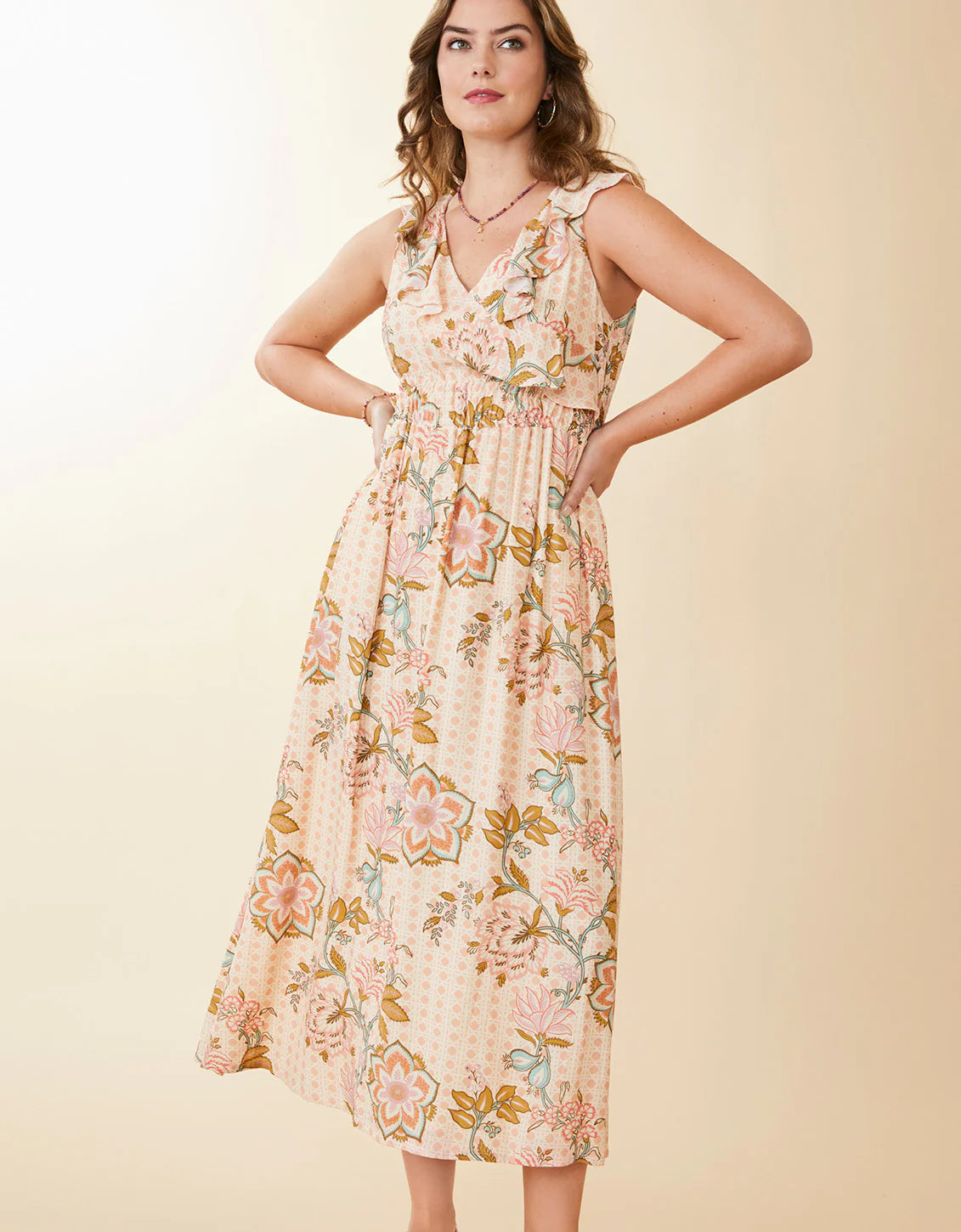 Jeanette Midi Dress Calm Waters Floral Cane Rose